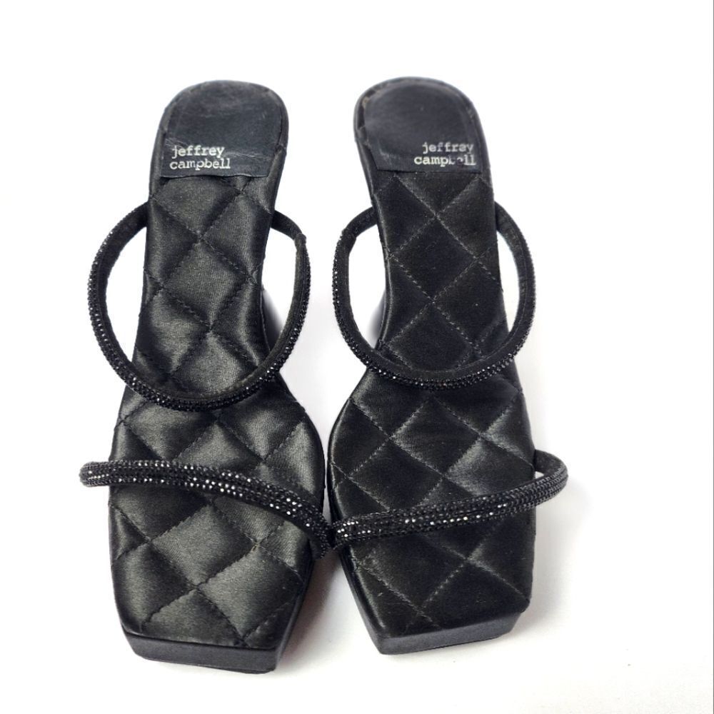 Jeffrey Campbell Black Quilted Satin Platform Slide Sandals with Beaded Straps